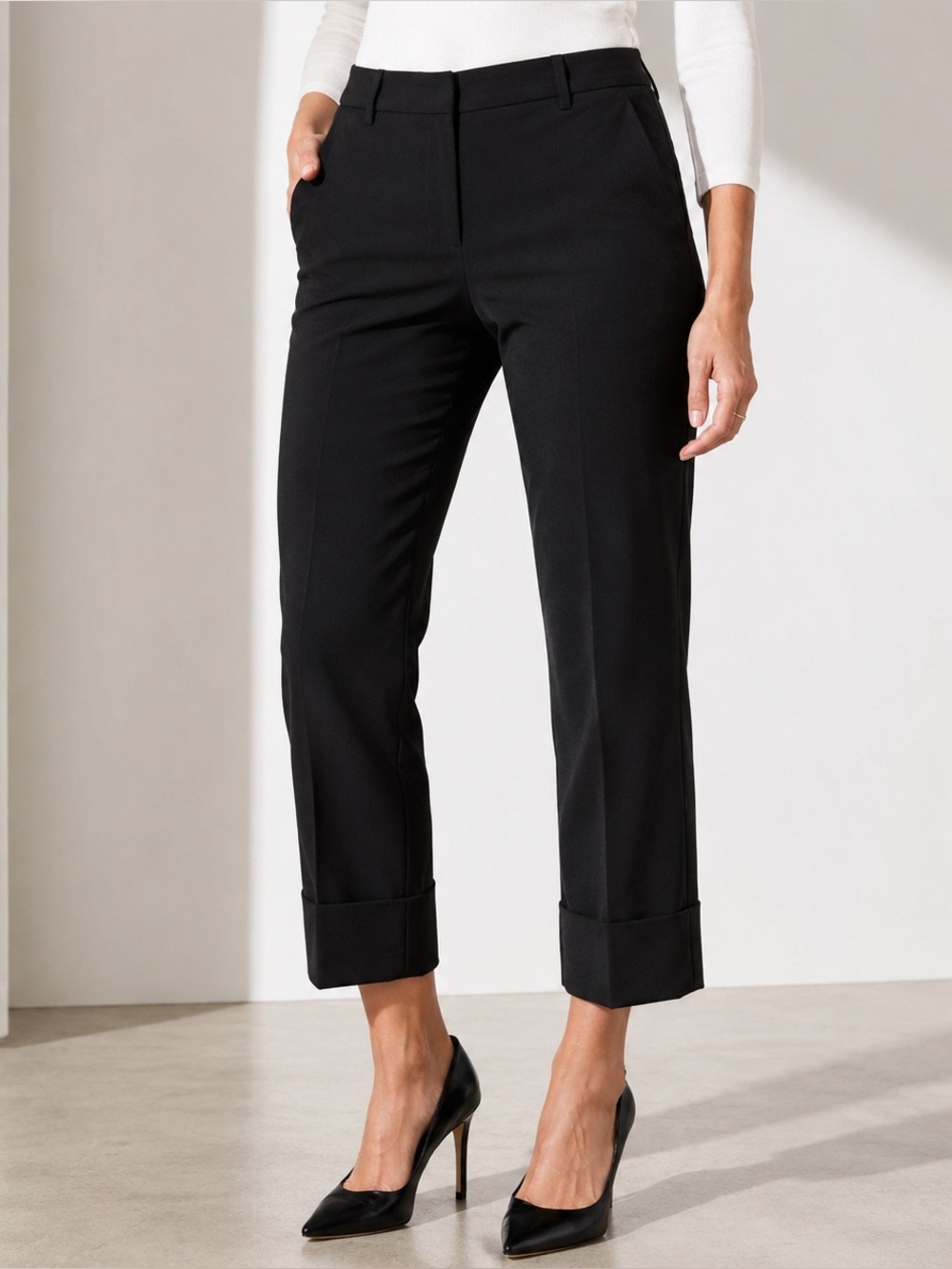 Etcetera Women’s Sz 14 Black Wool Blend Cuffed Crop Pants Tailored Ankle Trouser